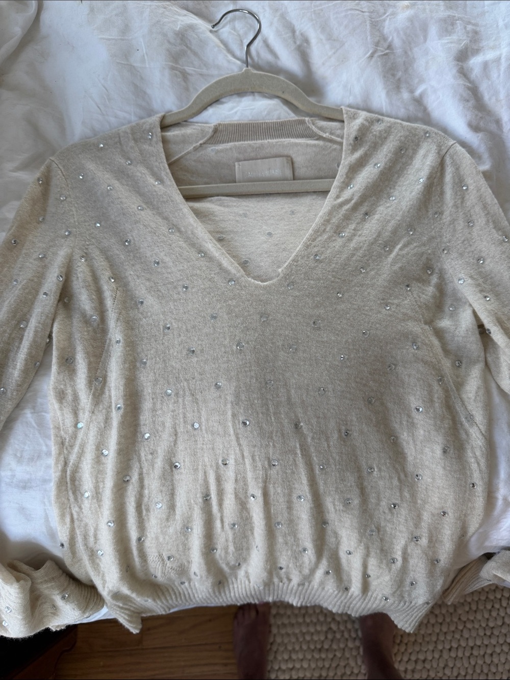 Zadig & Voltaire Cream V-Neck Sweater with Rhinestone Details